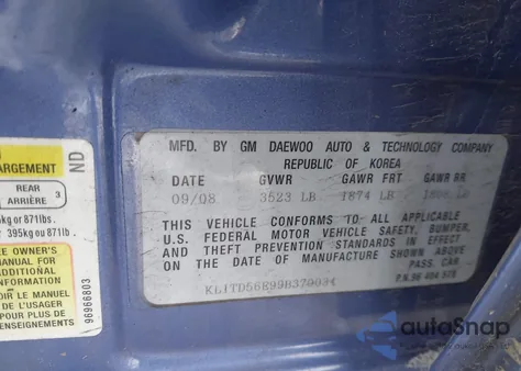 2009 Chevrolet Aveo Lt из США, поврежденный, VIN KL1TD56E99B370034